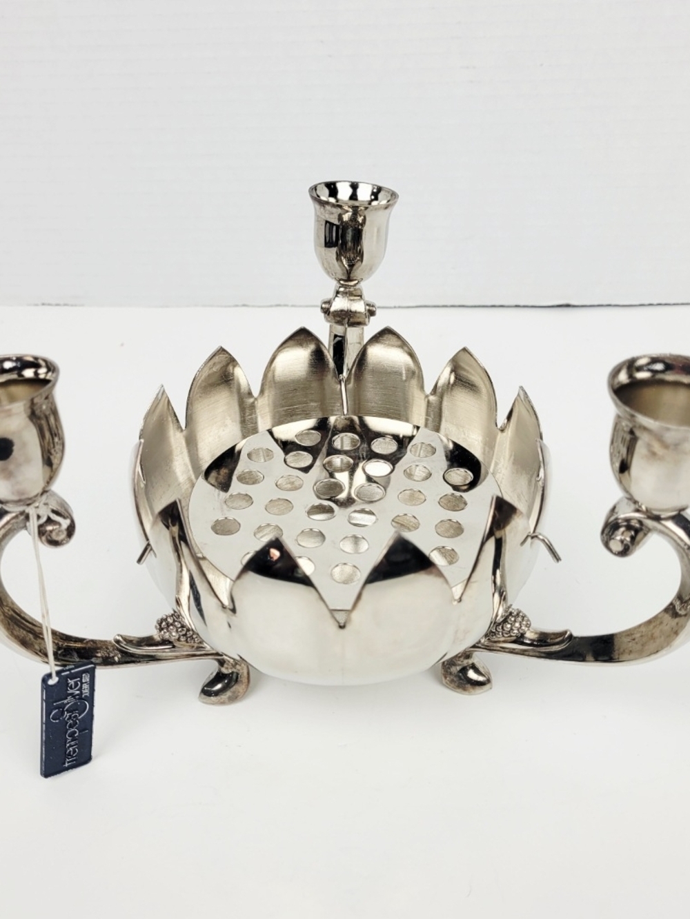 Silver Lotus-Style Three-Arm Flower Frog Candle Holder
